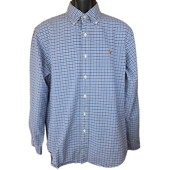 Ralph Lauren Mens Blue Checkered Button-Down Shirt Large Long Sleeve - Picture 1 of 7